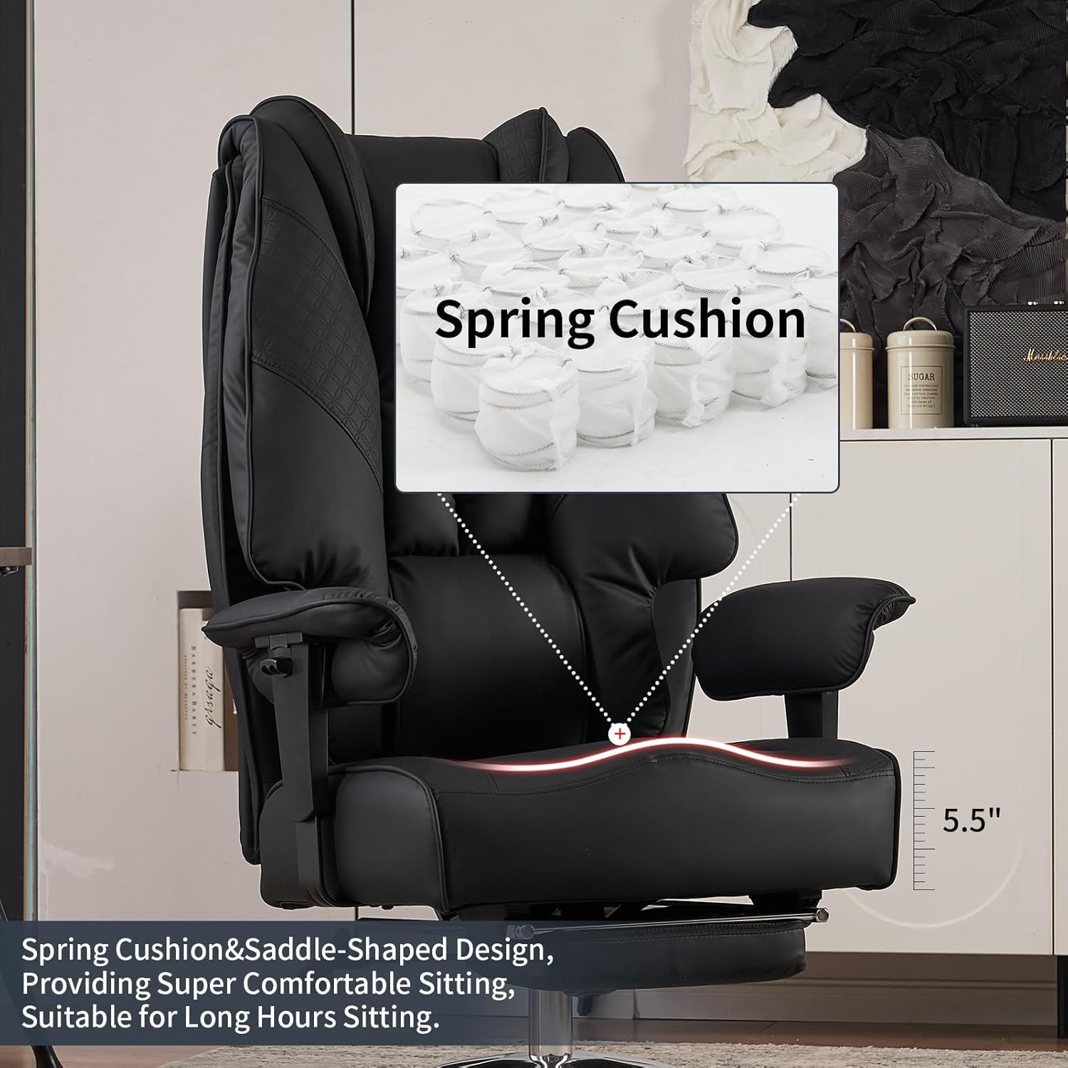 Big and Tall Office Chair 400lbs Wide Seat, Leather High Back Executive Office Chair with Foot Rest, Ergonomic Chairs Lumbar Support for Lower Back Pain Relief (Black)