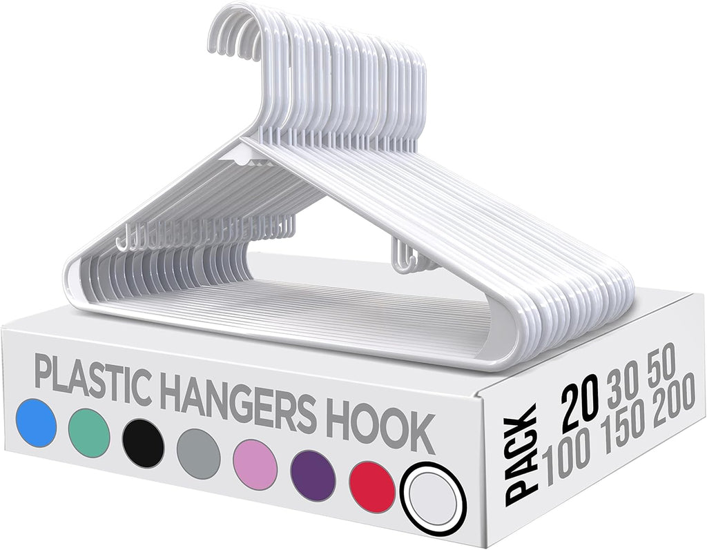 Utopia Home Plastic Hangers 20 Pack - Space Saving Clothes Hanger - Durable & Strong Closet Organizers and Storage with Built-in Strap Hooks - Essential for Shirts, Pants, Skirts & Coats (White)