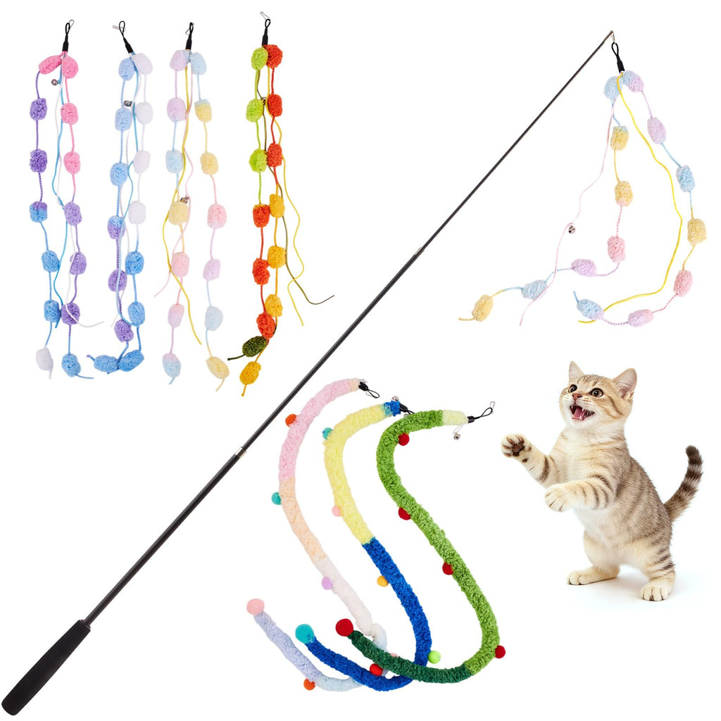 Cat Wand Toy, 8Pcs Retractable Plush Srtip Cat Teaser Wand Toys with Bell & String, Long Interactive Wand Toys for Indoor Kitten, Exercise