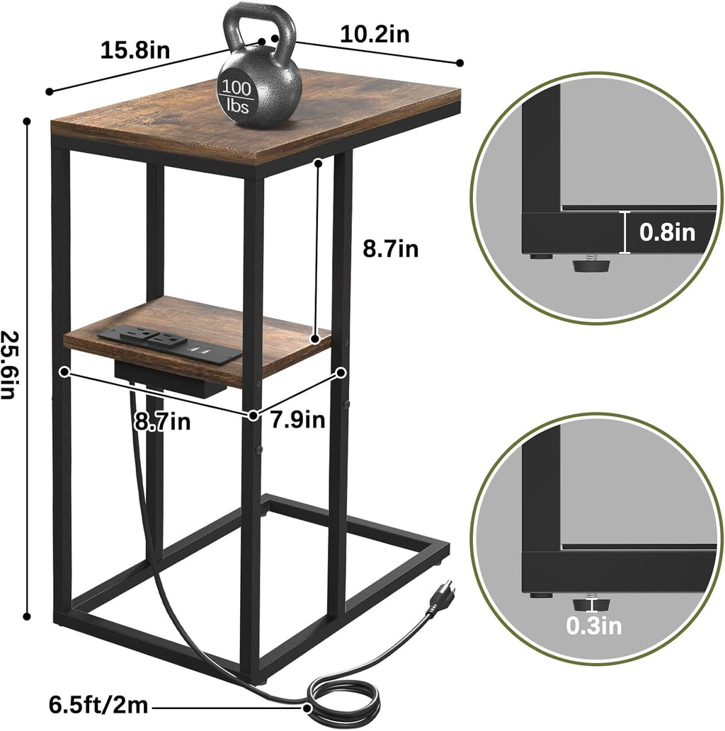 Yoobure C Shaped End Table with Charging Station, Small Side Table for Sofa，26" Tall Tv Tray Couch Table with Storage,Bedside Table with USB Ports and Outlets for Living Room, Bedroom, Rustic Brown