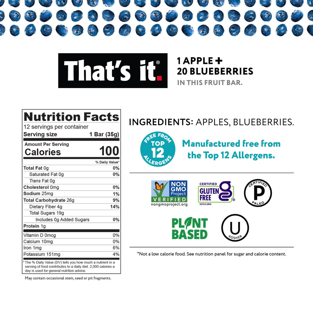 That's it. Variety Pack 100% Natural Real Fruit Bar, Best High Fiber Vegan, Gluten Free Healthy Snack, Paleo for Children & Adults, Non GMO No Added Sugar, No Preservatives Energy Food (12 Pack)