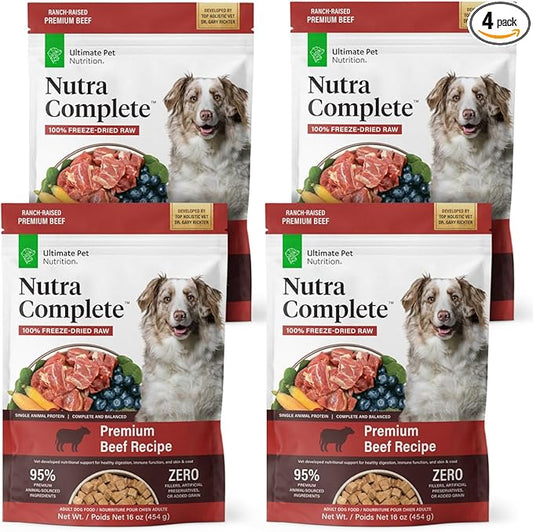 ULTIMATE PET NUTRITION Nutra Complete, 100% Freeze Dried Veterinarian Formulated Raw Dog Food with Antioxidants Prebiotics and Amino Acids, (1 Pound (Pack of 4), Beef)
