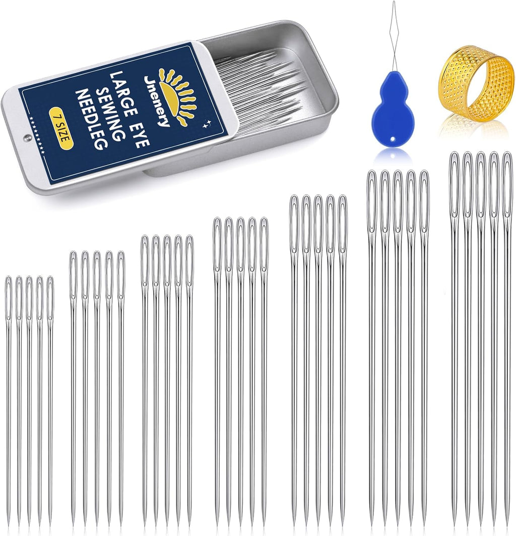 35 Pcs Large Eye Sewing Needles, 7 Size Sewing Sharp Needles for Handsewing, Leather Embroidery Thread Needle, Stainless Steel Yarn Knitting Needle with Threader, Thimble for Crafts, Repair, Quilting
