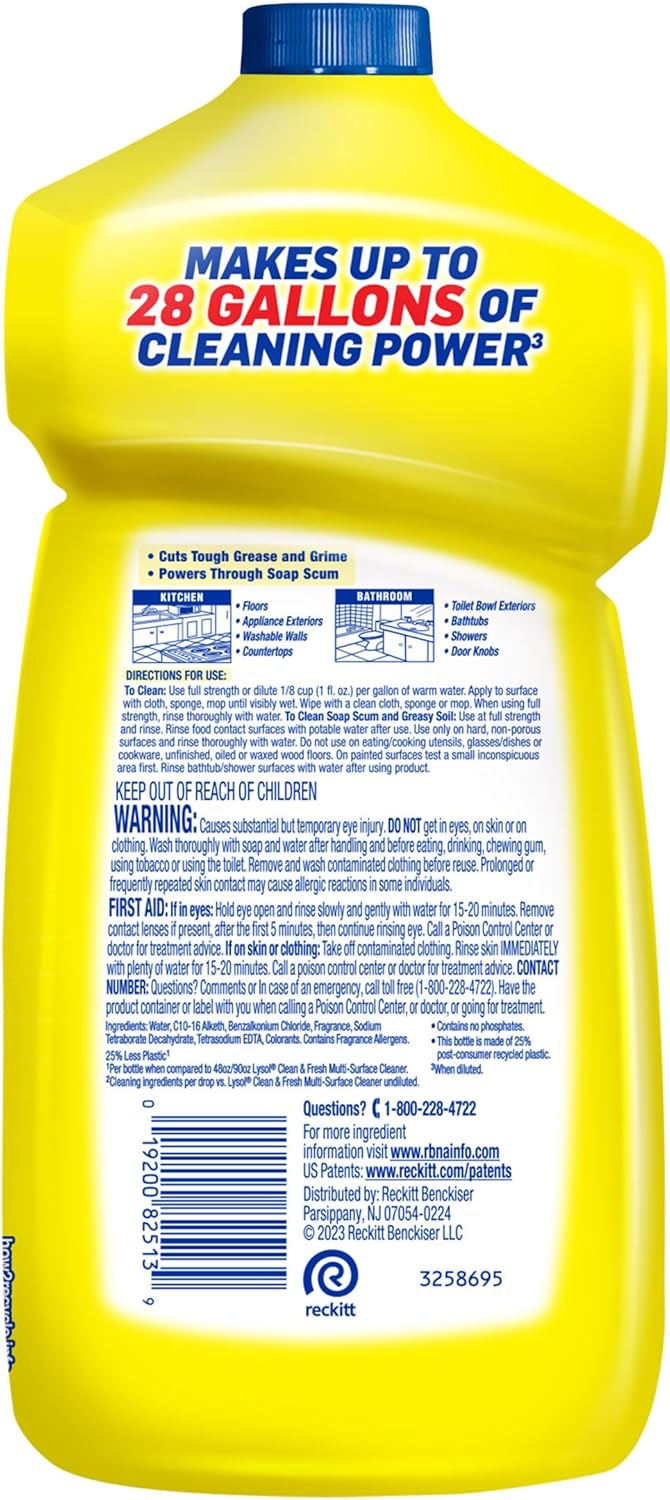 Lysol Power Clean Multi-Surface Cleaner, 2x Concentrated Pour, Sparkling Lemon & Sunflower Essence scent, 28 Fl Oz (Packaging May Vary)