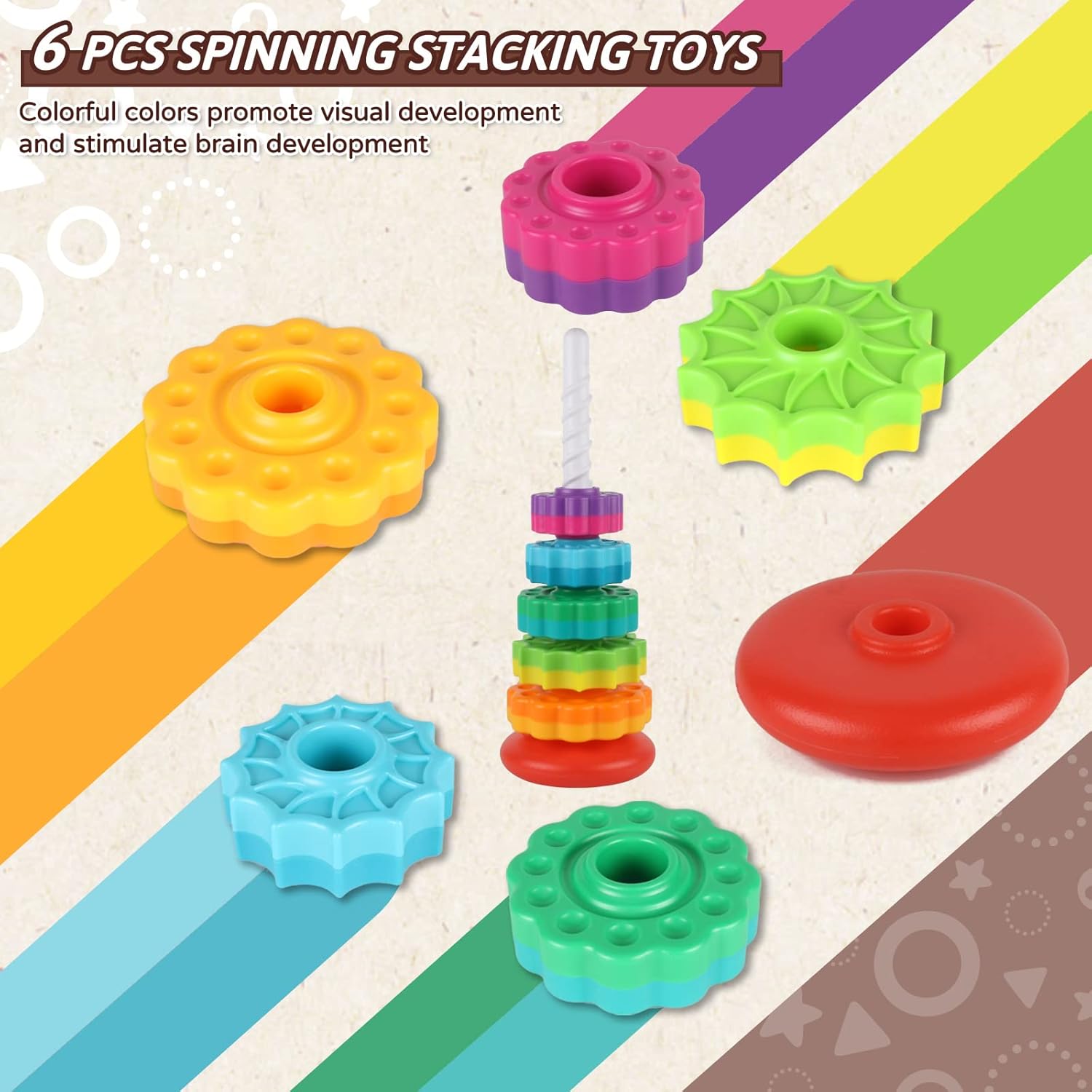 Baby Spinning Stacking Toys for Toddlers 1-3, Rainbow Ring Stacker Montessori Toys for Babies 6-12 Months, 1 2 3 One Year Old Girl Boy Birthday Gifts, Autism Sensory Learning Toy