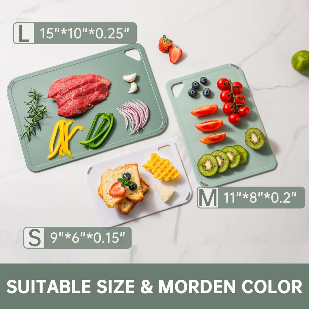 Plastic Cutting Board Set of 3-Cutting Boards for Kitchen BPA Free, Large-Small Chopping Boards Non-Slip for Cooking Camping Dishwasher Safe, Reversible, with Grip Handle, 15"×10"×0.6" Green