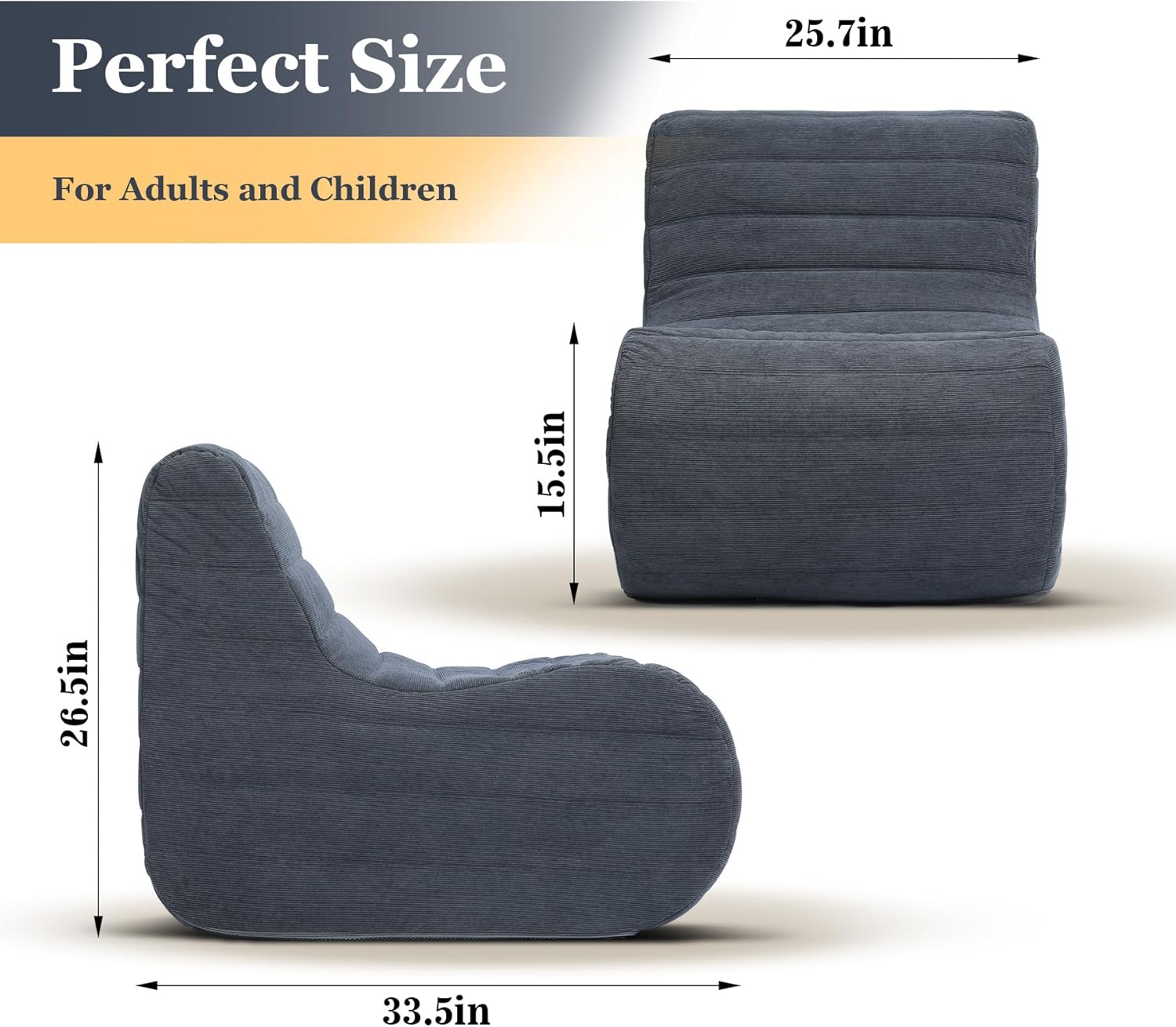 Bean Bag Chair, Fireside Bean Bags Lazy Sofa Sack, Big Beanbag Chair Floor Couch, Memory Foam Lounge Chair for Bedroom, Living Room, Office and Home (Gray)