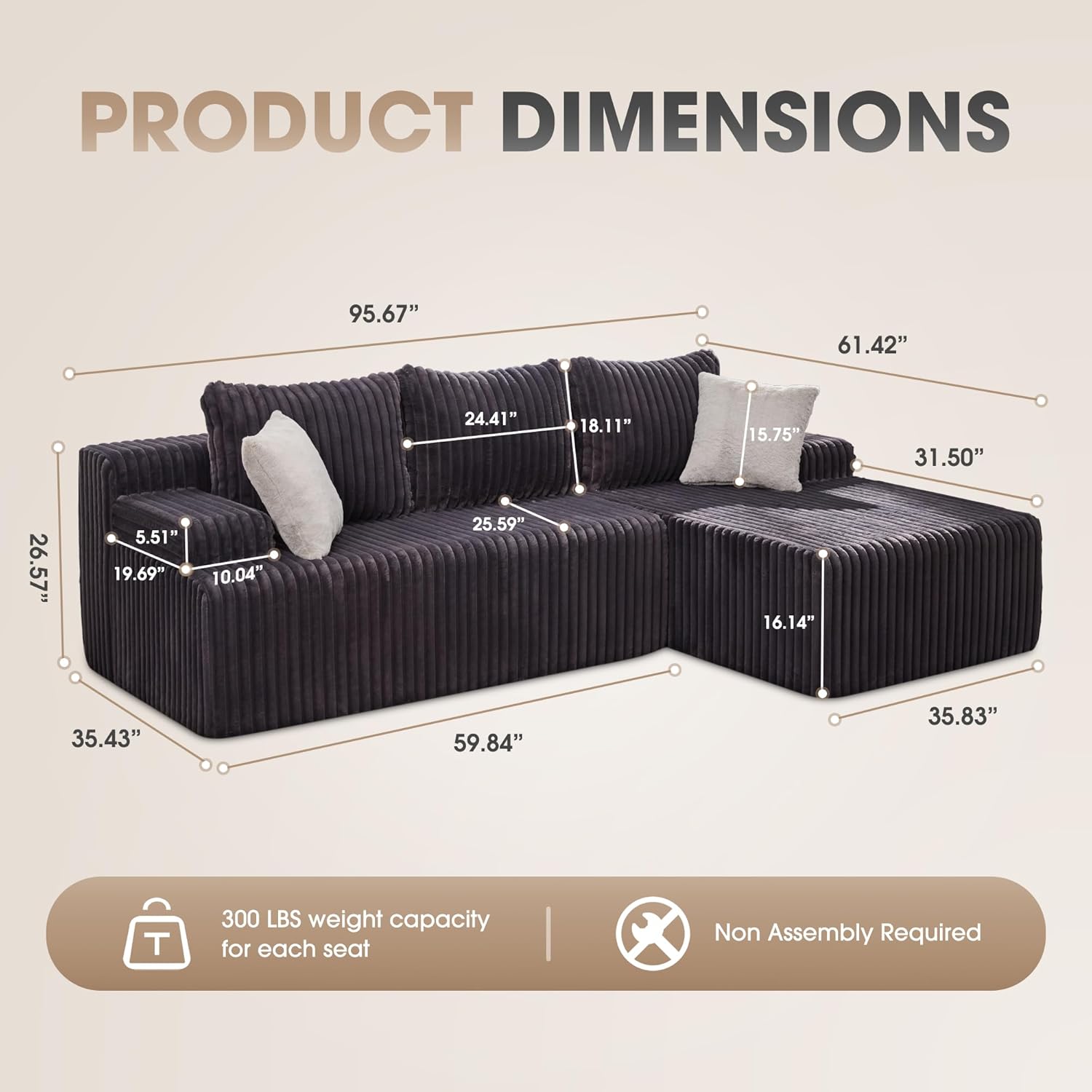 Hobestluk 96” Modular Sectional Sofa Couches L-Shape Couch 3 Seat Modular Sofa Memory Foam Sectional Couches for Living Room, Cloud Couch with Oversized Chaise (Grey, Stripe (Right Facing Chaise))