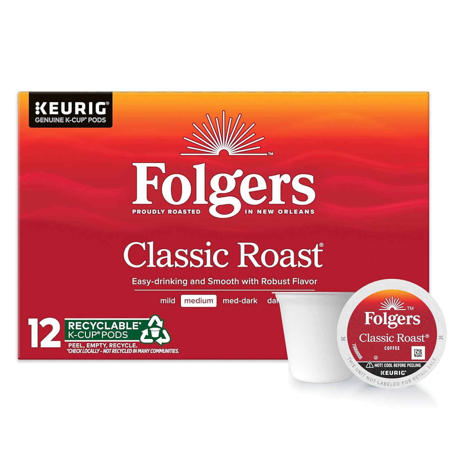 Folgers Classic Roast, Medium Roast Coffee, Keurig K-Cup Pods, 12 Count Boxes (Pack of 6)