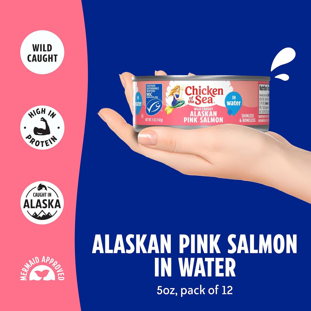 Chicken of the Sea Alaskan Pink Canned Salmon in Water, 5 Ounce Cans, 12-Count – High Protein Skinless & Boneless Wild Caught Salmon – Delicious Wild Salmon for Burgers, Pasta, & More