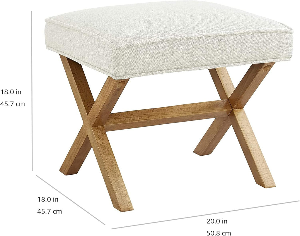 Small Ottoman Foot Rest, Mid-Century Modern X Square Polyester Foot Stool, Linen, Ivory White, 18"D x 19.8"W x 18.3"H