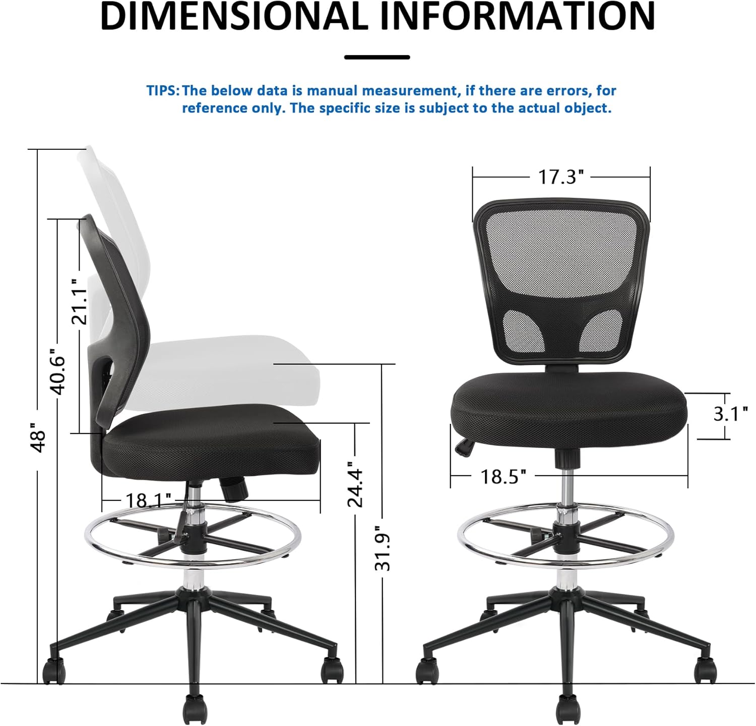 Armless Drafting Chair Tall Office Chair Adjustable Height High Back Ergonomic Desk Chair Drafting Stool Rolling Bar Stools Chairs with Footrest and Wheels