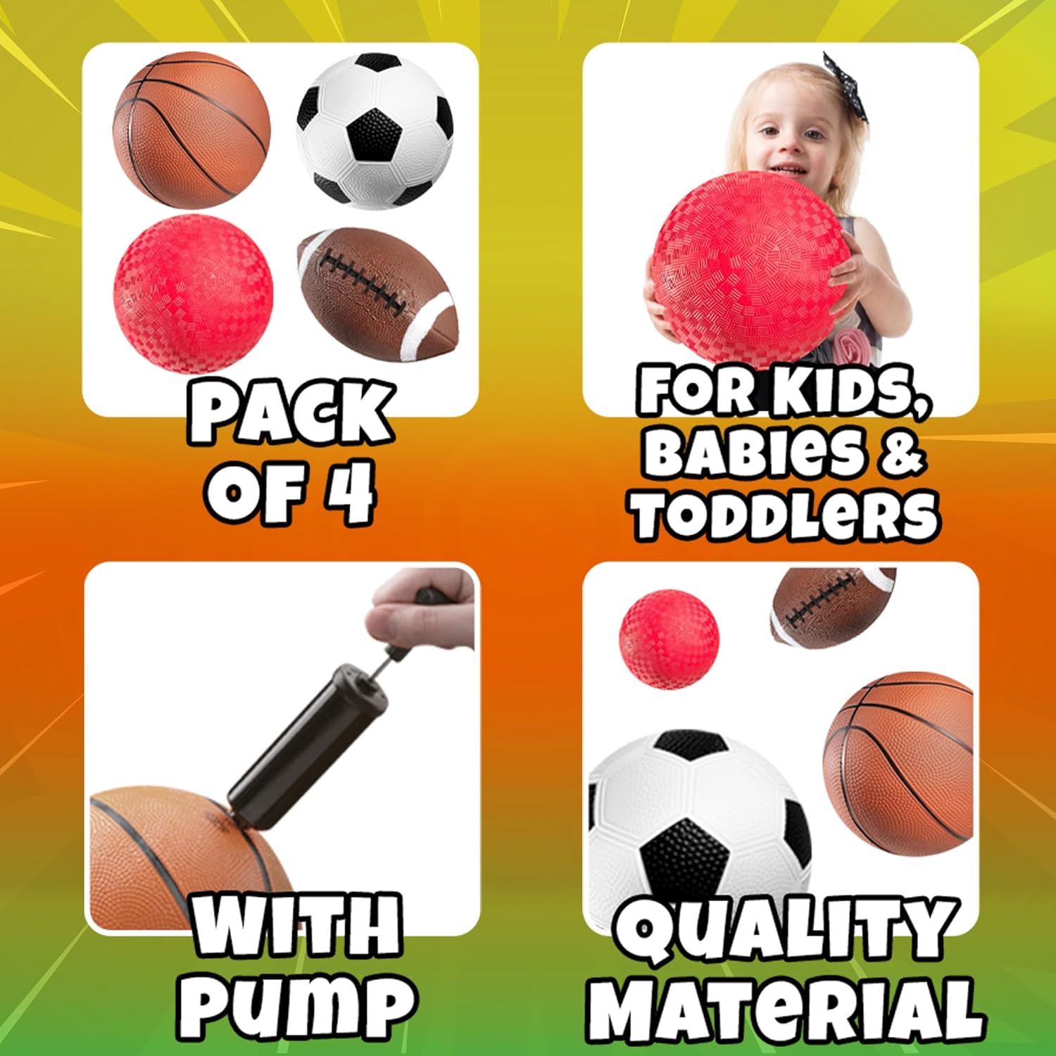 Bedwina Sports Balls for Kids & Toddlers - 5-inch Sports Balls Set Includes Football, Small Soccer Ball, Basketball, and Playground Balls, Fun Indoors & Outdoor Toys (Hand Pump Included)