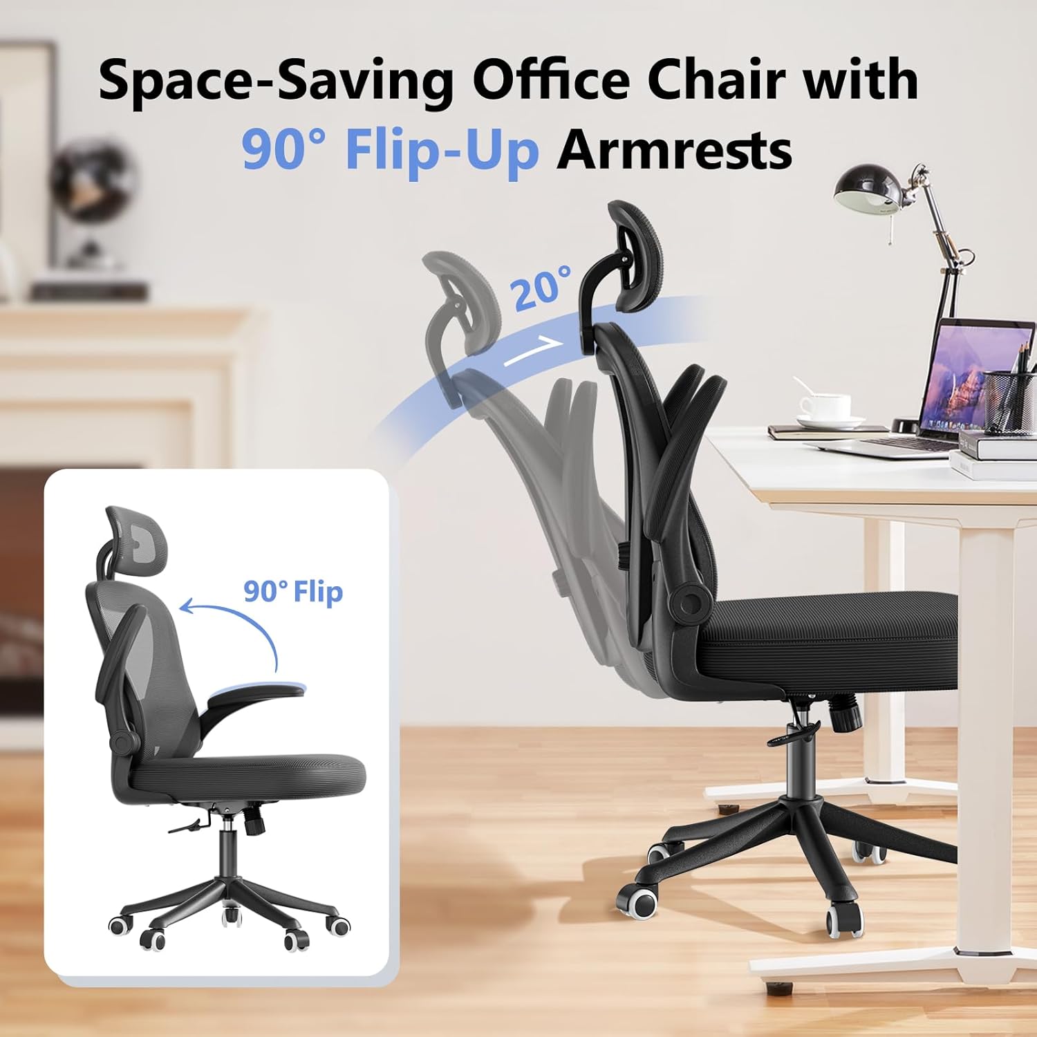 Computer Desk Chair, Ergonomic Office Chair M903 with Wheels, High Back Mesh Office Chair with Adjustable Lumbar Support, Headrest, Flip-Up Armrests, Black