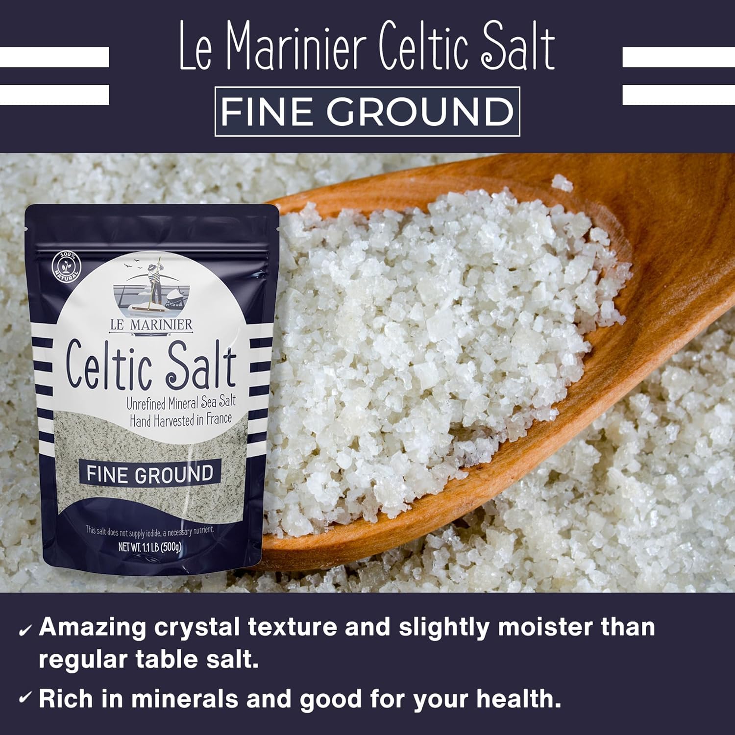 Le Marinier Celtic Salt Organic Fine Ground, 1.1lb - 18oz. Mineral Rich. 100% Natural and Unrefined. French Sea Salt Organic Vital Minerals. Hand Harvested Mineral Salt (1.1lb Fine Ground)