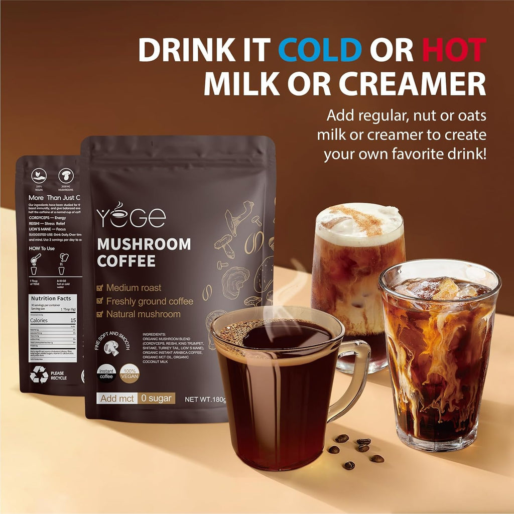 Mushroom Coffee, Instant Mushroom Coffee with Cordyceps, Reishi, King Trumpet, Shitake, Turkey Tail, Lions Mane for Energy, Focus, Positive Mood & Immune Support (30 Servings)