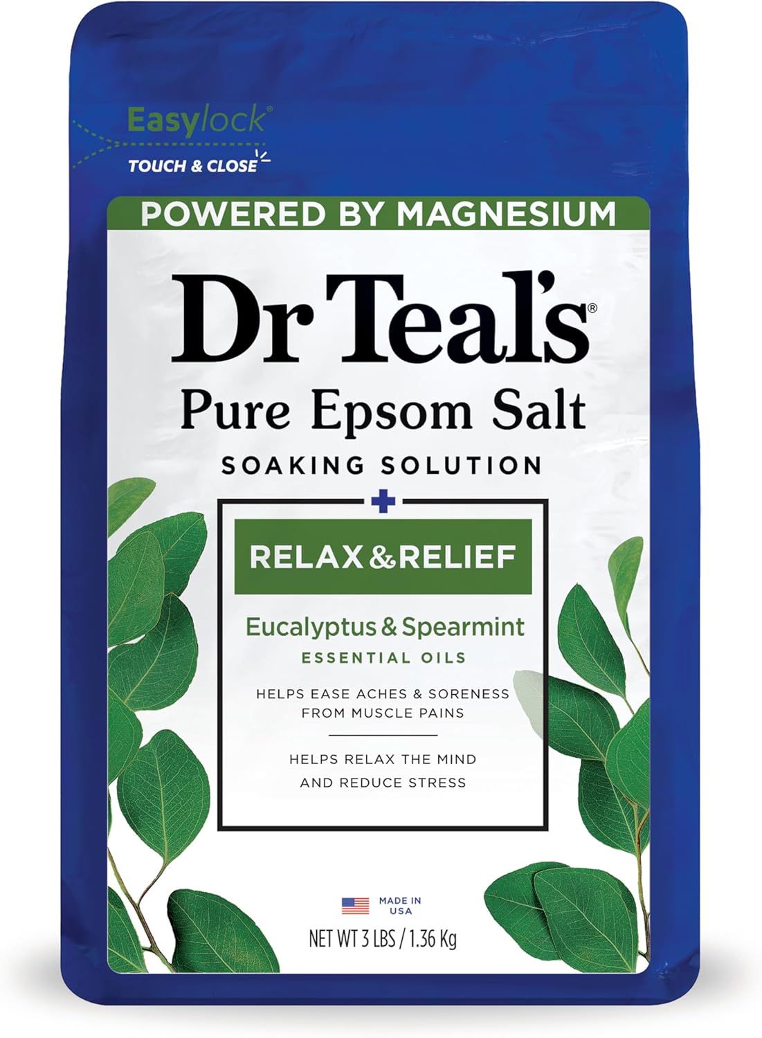 Dr Teal's Epsom Salt Magnesium Soak, Relax & Relief with Eucalyptus & Spearmint Essential Oils, 3 lbs