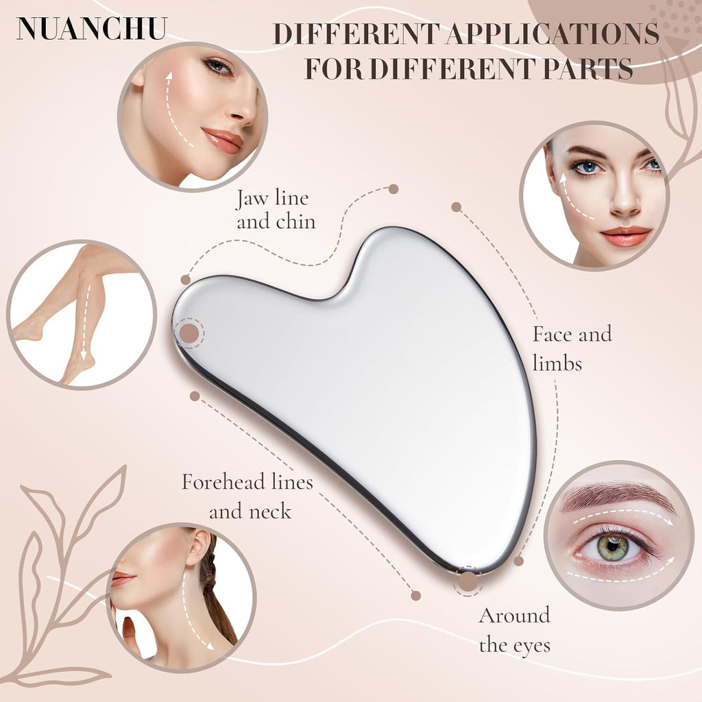 Nuanchu Stainless Steel Gua Sha Facial Tools Metal Guasha Tool for Face Body Jawline Shaper, Double Chin Reducer, Puffiness Reducing, Lymphatic Drainage Massager Skin Care Gift with Pouch