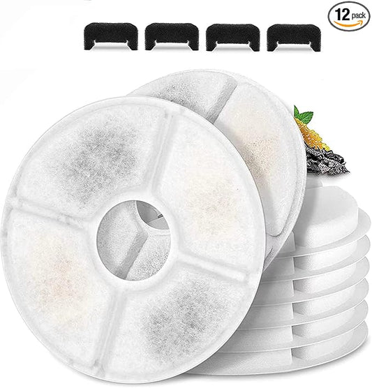 Cat/Pet Water Fountain Filters, 12 Pieces Set Pack of 8 Replacement Filter Fit for 81oz/2.4L, 3 Filtration System with 4 Pre-Filter Sponges