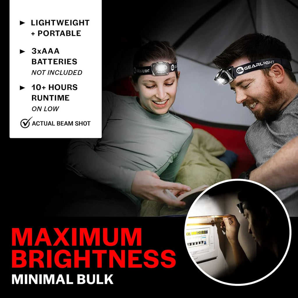 GearLight 2Pack LED Headlamp - Outdoor Camping Head Lamps with Adjustable Headband - Lightweight Battery Powered Bright Flashlight Headlight with 7 Modes and Pivotable Head and Red Light