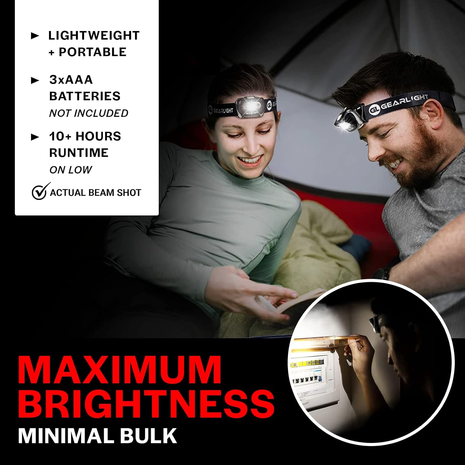 GearLight 2Pack LED Headlamp - Outdoor Camping Head Lamps with Adjustable Headband - Lightweight Battery Powered Bright Flashlight Headlight with 7 Modes and Pivotable Head and Red Light