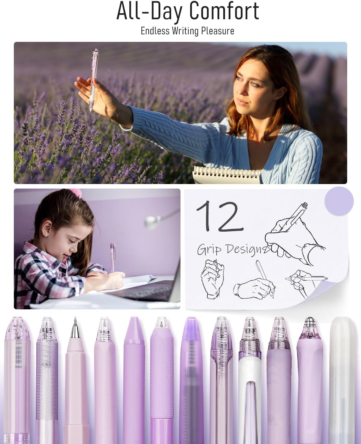 Four Candies Lavender Series Gel Pens, Black & Purple Ink Writing Pens with 0.5 mm Smooth Fine Point, School Office Stationery Supplies Desk Accessories Stocking Stuffers Gifts for Women, Set of 12