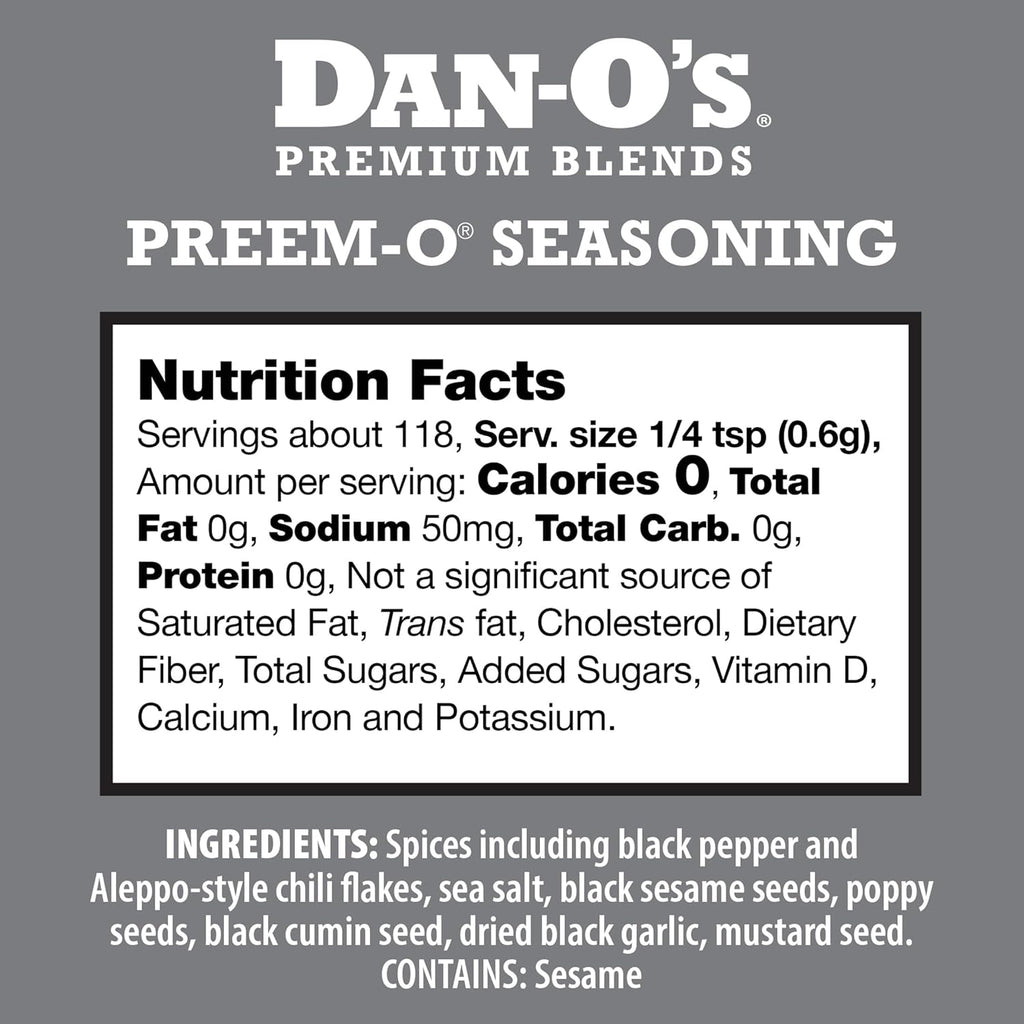 Dan-O's Preem-O Seasoning, 2.5 oz Bottle, Meat Seasoning for Steak, Ribs, Chicken, Brisket and More, Sugar Free, Zero Calorie, Use this Spice Blend to Craft a Marinade, Dry Rub or Sauce
