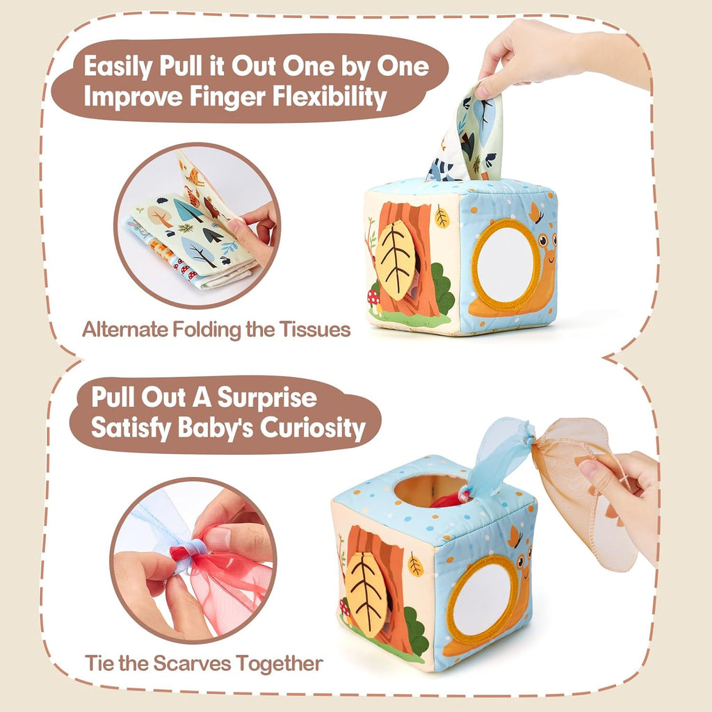 hahaland Baby Tissue Box Toy - Baby Toys 6-12 Months Stocking Stuffers for Babies Montessori Toys for 6 Month Old Must Haves - Boy Girl Shower Gifts 6 9 12 18 Months Old Sensory Pulling Play Scarf Toy