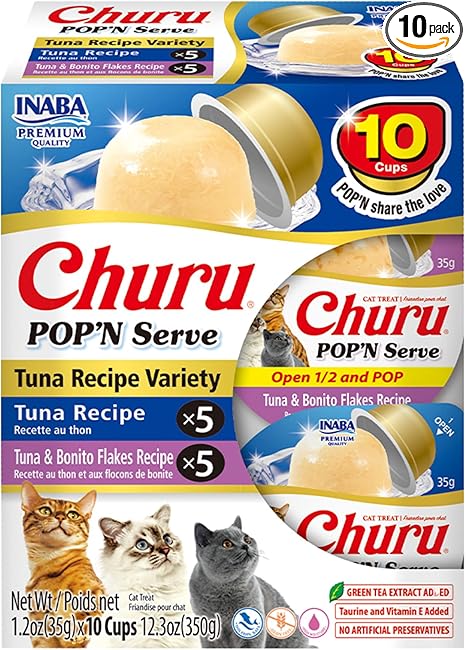 INABA Churu Pop'N Serve Jelly Cat Treat with Vitamin E & Taurine, 1.2 Ounce Cup, 10 Cups, Tuna Variety