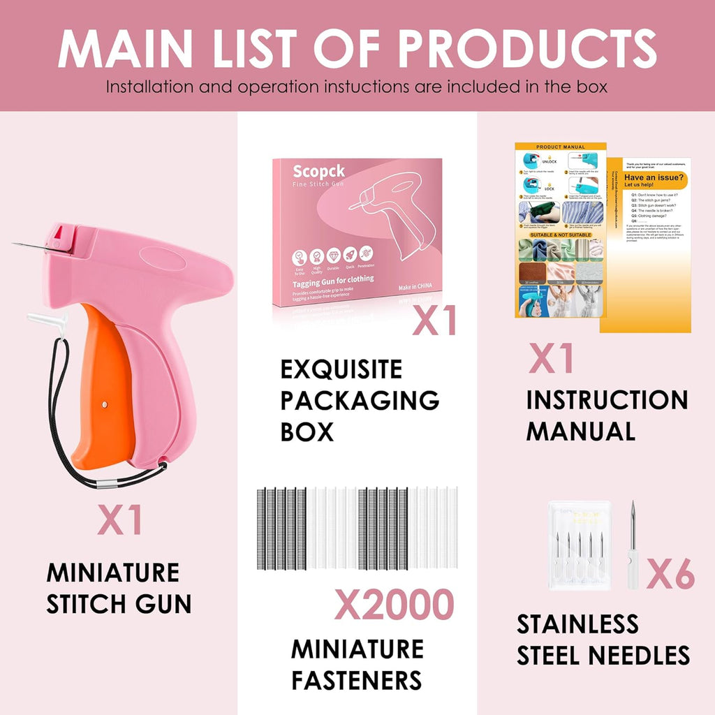 Stitch Gun for Clothes - Handheld Stitch Gun Quick Clothing Fixer - Tagging Gun - Includes 6 Needle, 1000 Black Fasteners & 1000 White Fasteners (Pink/Orange)