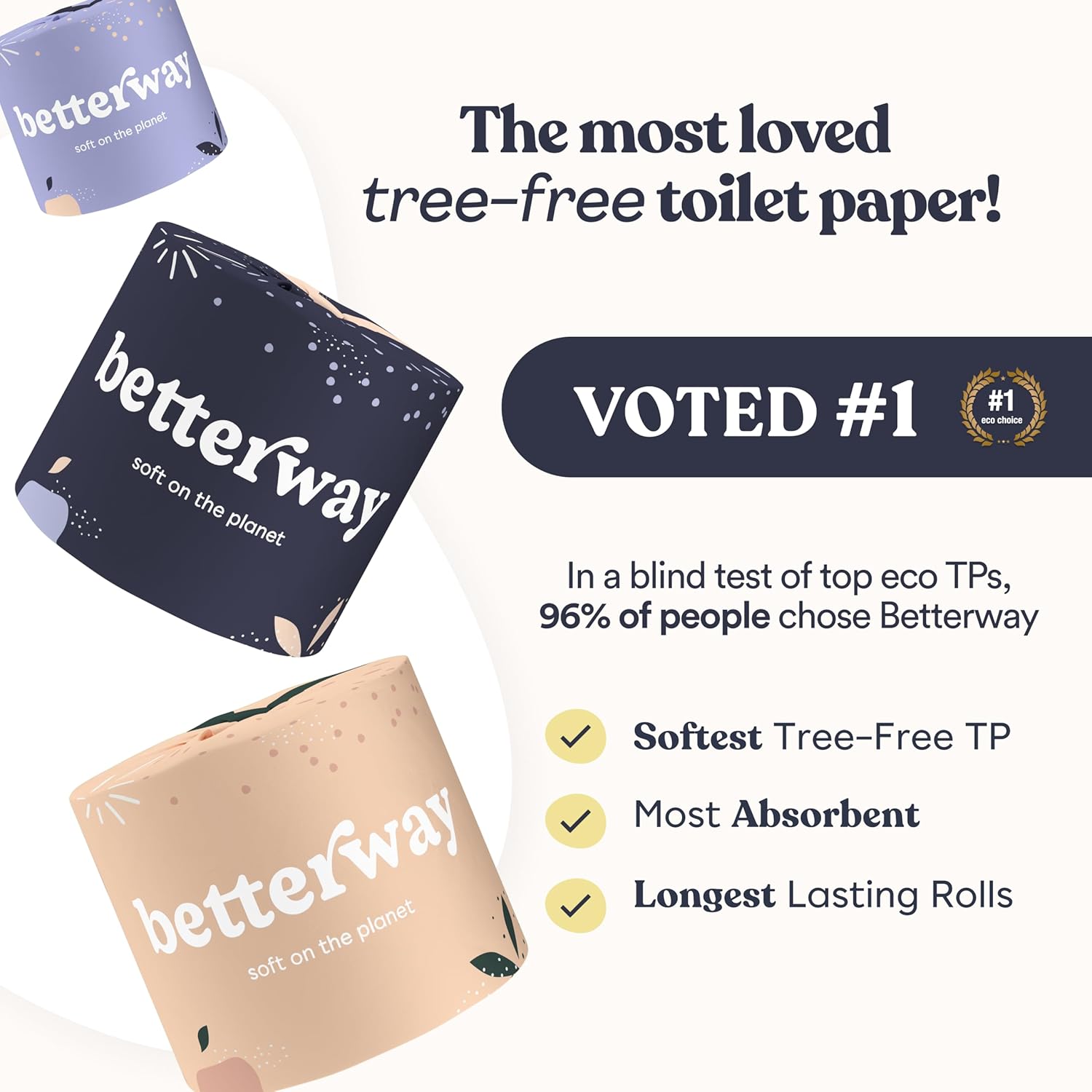 Betterway Bamboo Toilet Paper 3 Ply - Sustainable Toilet Tissue - 12 Double Rolls & 360 Sheets Per Roll - Septic Safe - Organic, Plastic Free - FSC Certified