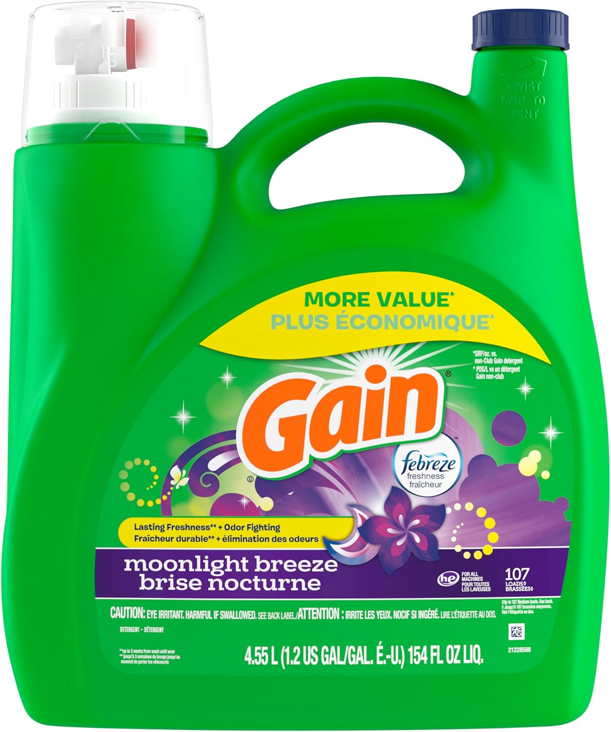 Gain + Aroma Boost Liquid Laundry Detergent, Moonlight Breeze Scent, 107 Loads, 154 fl oz, HE Compatible