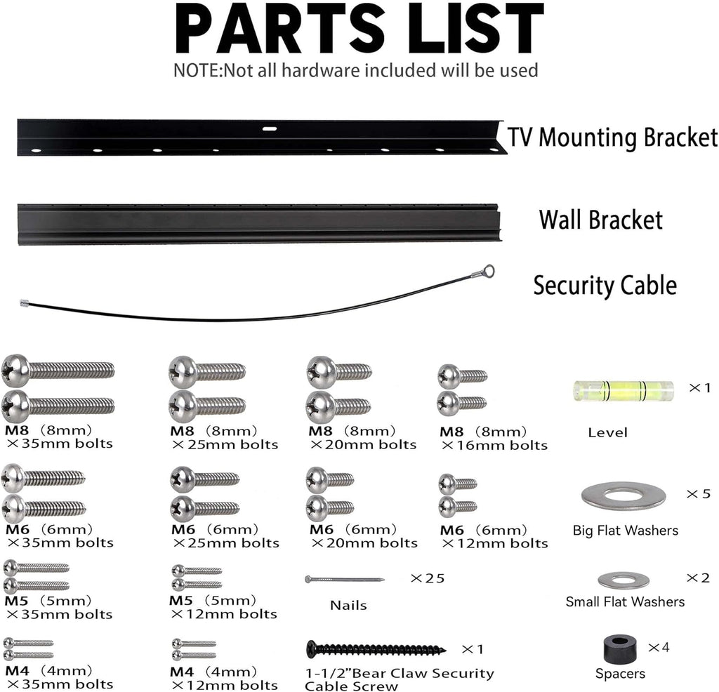 No Stud TV Wall Mount, Drywall Studless TV Hanger No Damage, No Drill, Non Screws, Dry Wall Flat Screen TVs Easy Install Bar Bracket fits VESA 12-55 inch TVs up to 99 lbs, Include Hardware Levels