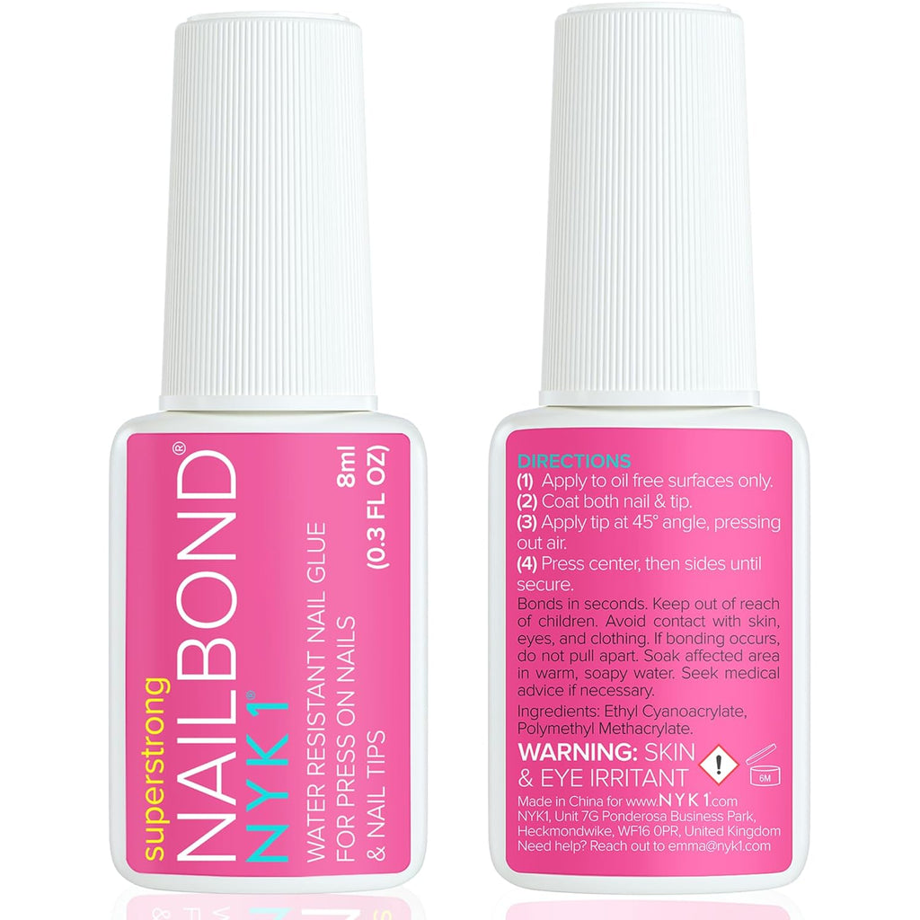 Super Strong Nail Glue for Press On Nails, Nail Tips & Acrylic Nails (8ml) NYK1 NailBond Brush On Glue for Press Ons, Tips & Acrylics - Long Lasting, Maximum Strength, Mess-Free Application