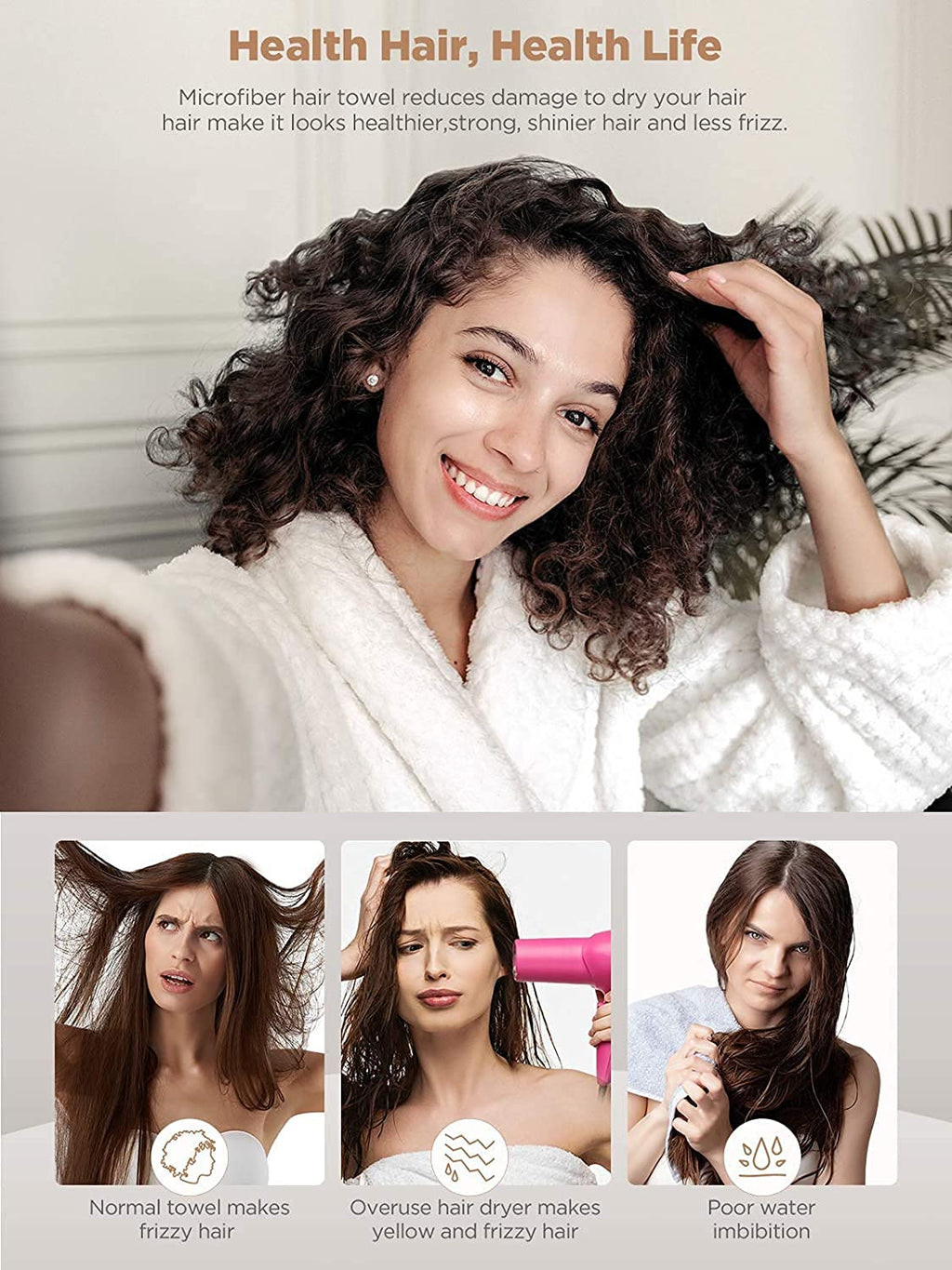 Hicober Microfiber Hair Towels, 3-Pack Drying Wraps for Curly Hair - Cart Shape