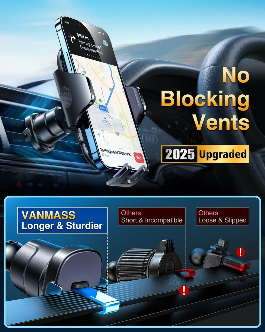 [2025 True Military-Grade] Car Phone Holder VANMASS [Upgraded Strongest Suction & Clip] Cell Phone Mount for Dashboard Windshield Vent Wall,Truck Cradle Stand for iPhone 17 Pro Max 16 15 14 13 Android