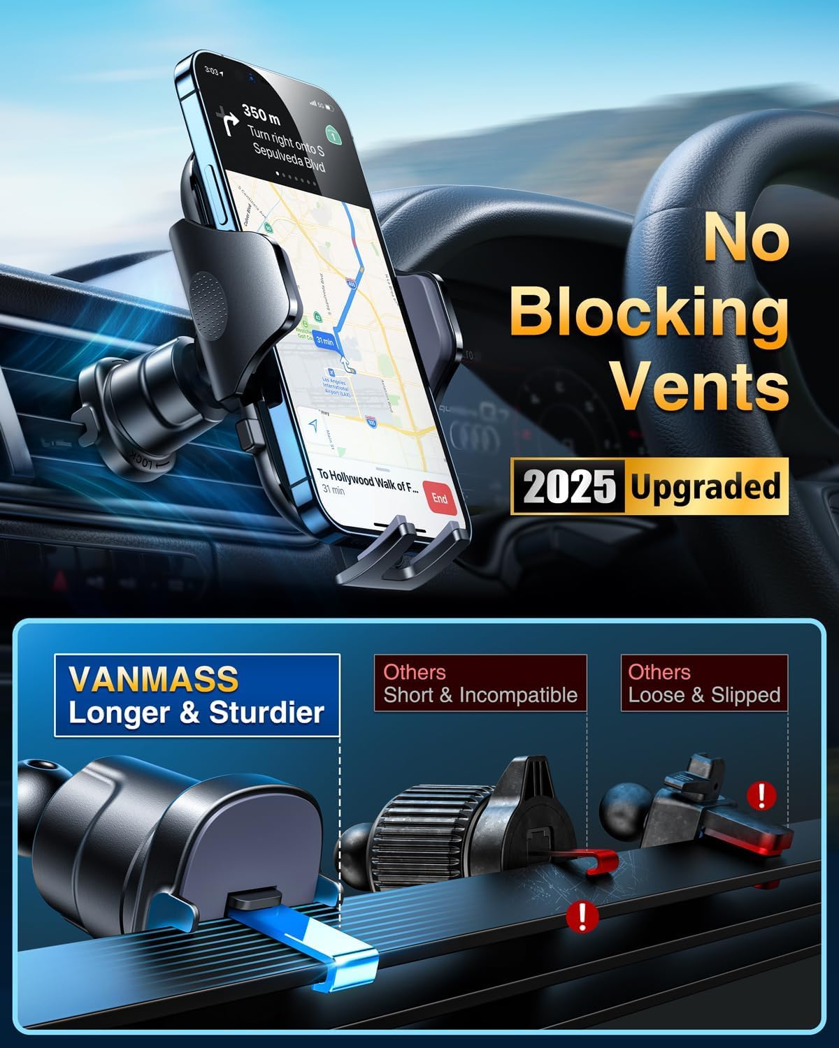 [2025 True Military-Grade] Car Phone Holder VANMASS [Upgraded Strongest Suction & Clip] Cell Phone Mount for Dashboard Windshield Vent Wall,Truck Cradle Stand for iPhone 17 Pro Max 16 15 14 13 Android