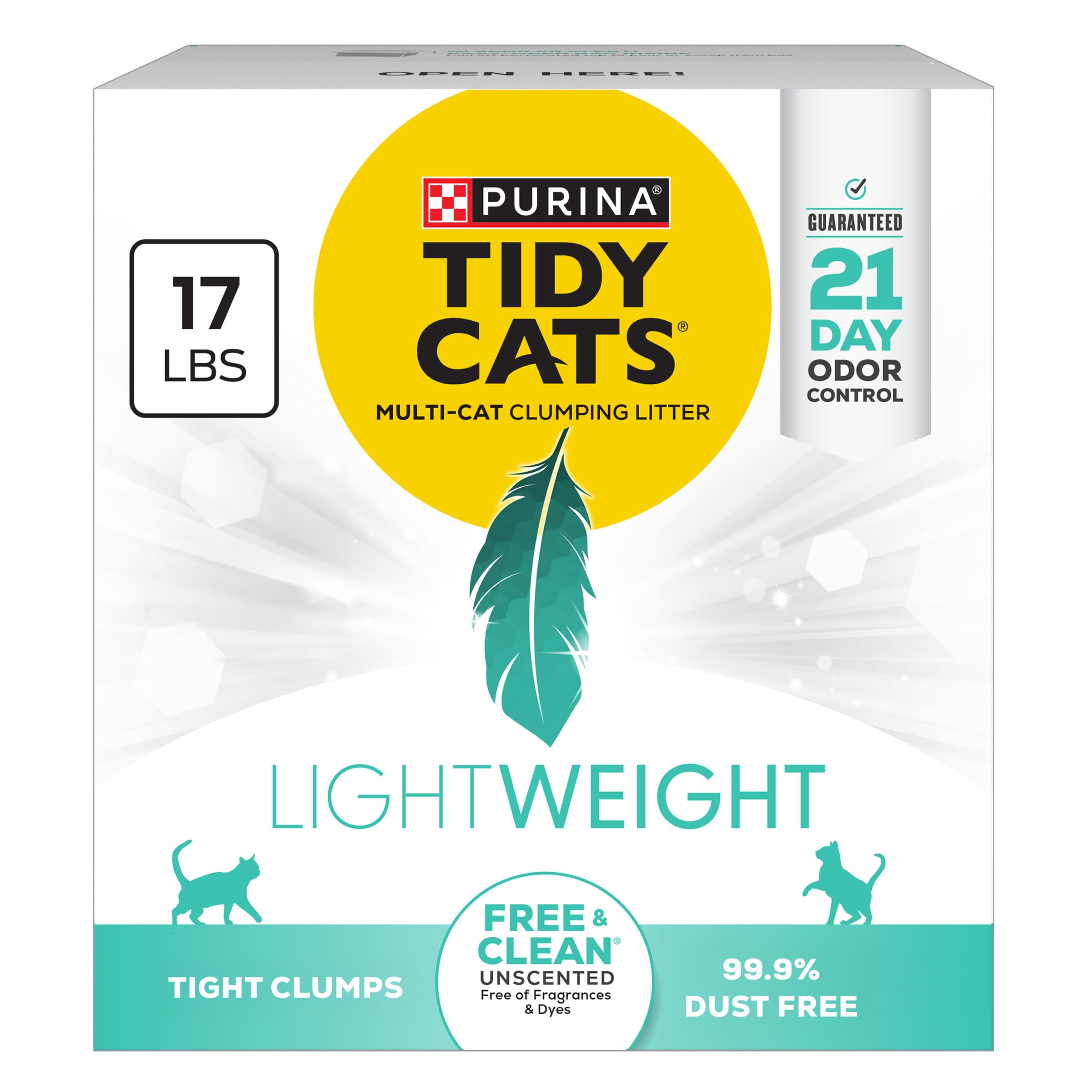 Purina Tidy Cats Low Dust Clumping Cat Litter, LightWeight Free & Clean Unscented, Multi Cat Litter - 17 lb. Box | Unscented, charcoal-powered formula offers 21-day odor control and tight, dust-free clumping.
