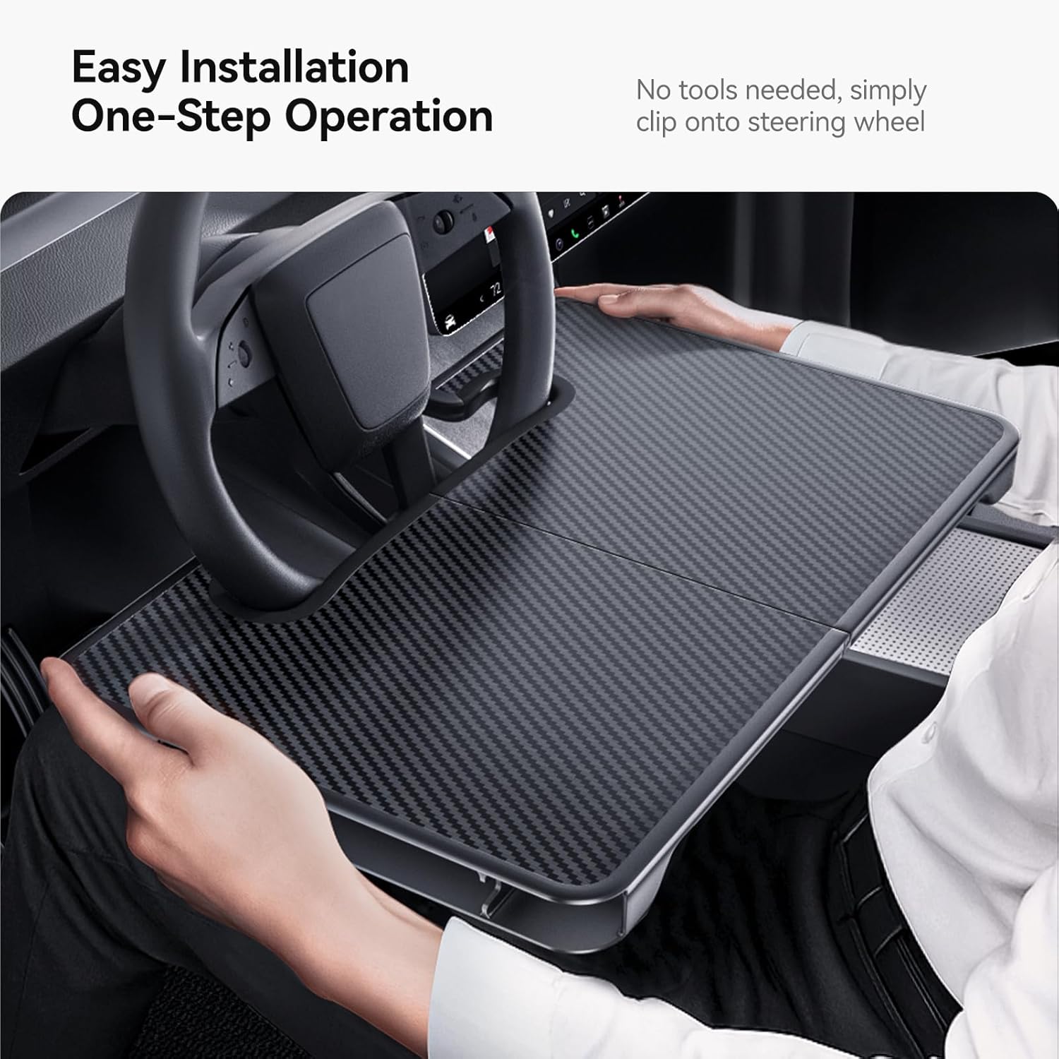 YONZEE 2-in-1 Car Steering Wheel Desk Tray & Car Seat Gap Filler Organizer – Foldable Carbon Fiber Look Table for Laptop, Eating Food, Writing – Multipurpose Travel Car Accessories