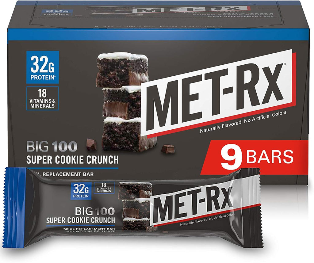 MET-Rx Big 100 Protein Bar, Meal Replacement Bar, 32G Protein, Super Cookie Crunch, 3.52 Oz (Pack of 9)