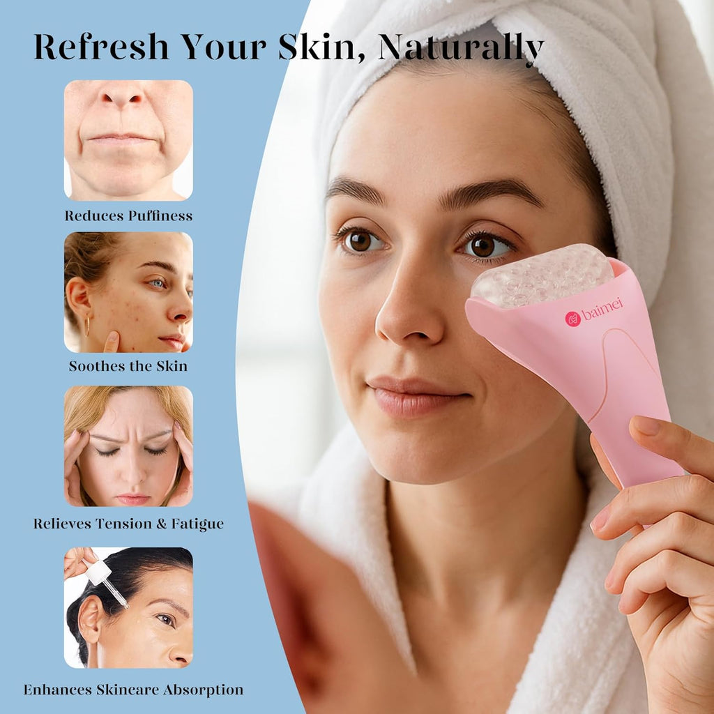BAIMEI IcyMe Ice Roller for Face and Gua Sha Facial Tool Set, Ice Face Roller Reduces Puffiness Relieves Migraines Skin Care Tools, Self Care Gift for Women - Pink