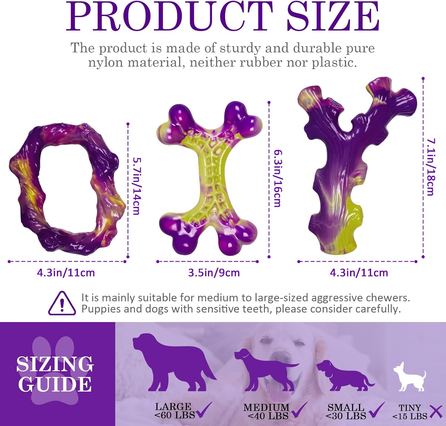 Tough Dog Toys for Aggressive Chewers 3 Pack, Indestructible Dog Toy for Large Dogs, Dog Chew Toys to Keep Them Busy, Dog Bones for 15-100lbs Puppy/Medium/Large Breeds, Interactive Dog Toys