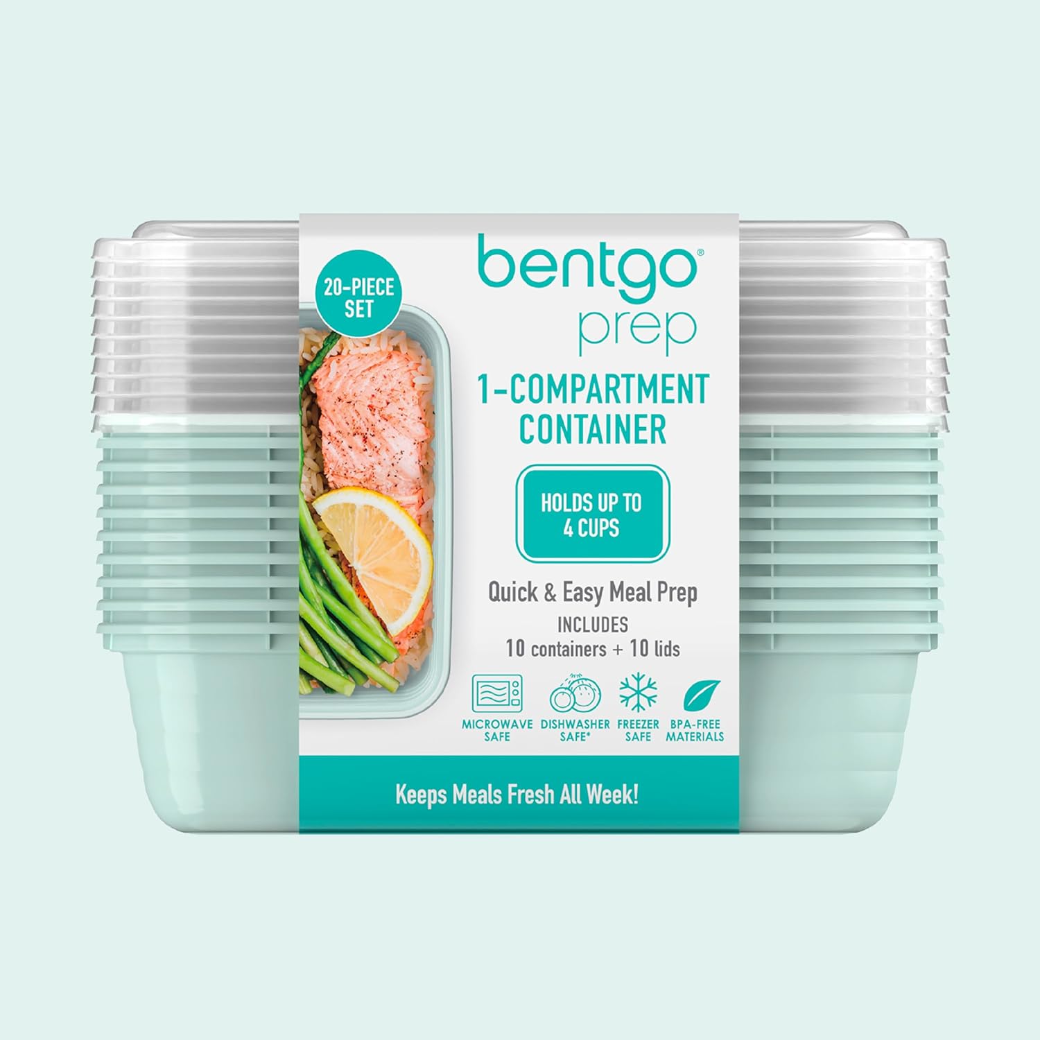 Bentgo Prep - 20-Piece 1-Compartment Reusable Meal Prep Containers with Lids, PFAS & BPA Free Materials, Durable, Microwave, Freezer, & Dishwasher Safe To Go Food Storage (Mint)