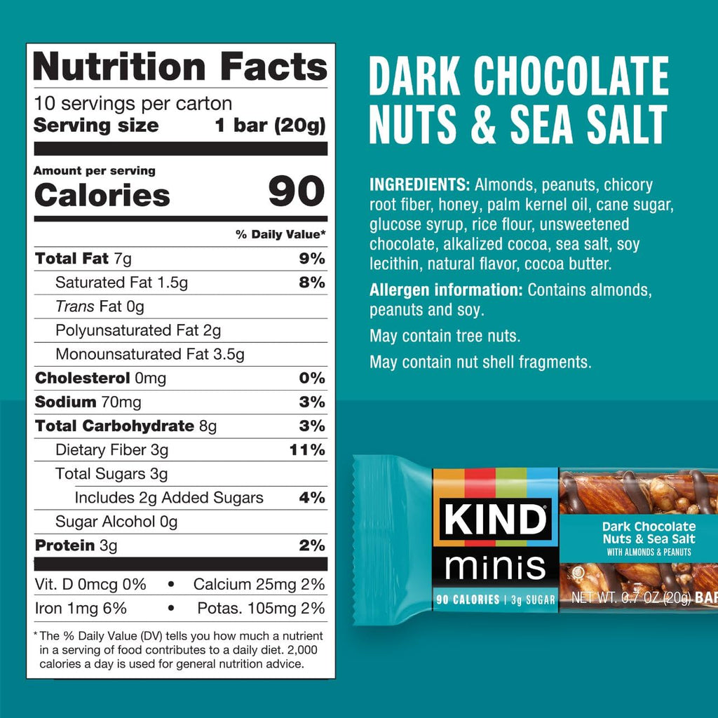 KIND Minis, Dark Chocolate Nuts & Sea Salt, Healthy Snacks, Gluten Free, Low Calorie Snacks, Low Sugar, 10 Count