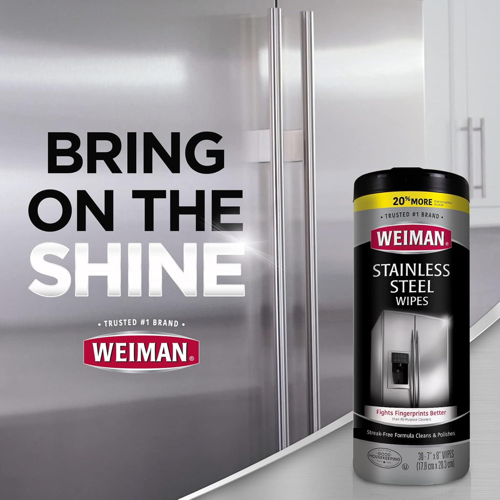 Weiman Stainless Steel Cleaner, 30 Count Cleaning Wipes, Removes Dirt, Grime, and Grease, No Streaks or Residue, Stainless Steel Polish for a Sparkling Clean and Shiny Surface, Cleaning Supplies