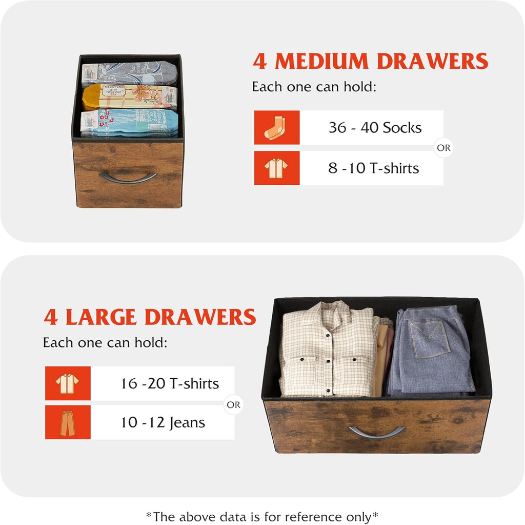 WLIVE Dresser for Bedroom with 8 Drawers, Wide Fabric Dresser for Storage and Organization, Bedroom Dressers, Chest of Drawers for Living Room, Closet, Entryway, Rustic Brown Wood Grain Print