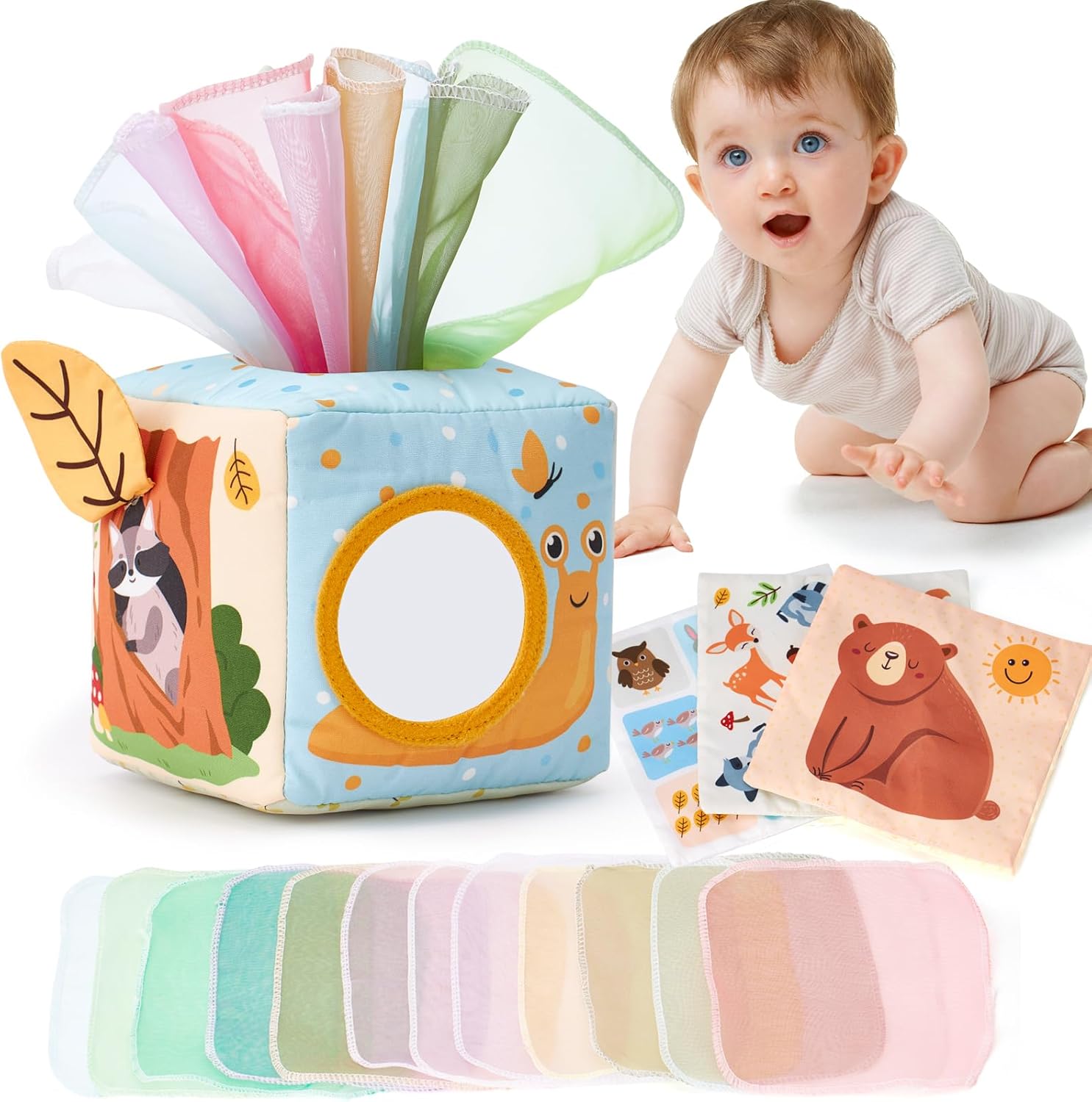 hahaland Baby Tissue Box Toy - Baby Toys 6-12 Months Stocking Stuffers for Babies Montessori Toys for 6 Month Old Must Haves - Boy Girl Shower Gifts 6 9 12 18 Months Old Sensory Pulling Play Scarf Toy