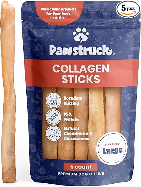 Pawstruck Natural Large 12" Beef Collagen Sticks for Dogs – Long-Lasting Rawhide Alternative, High Protein Treats with Chondroitin & Glucosamine – 5 Pack