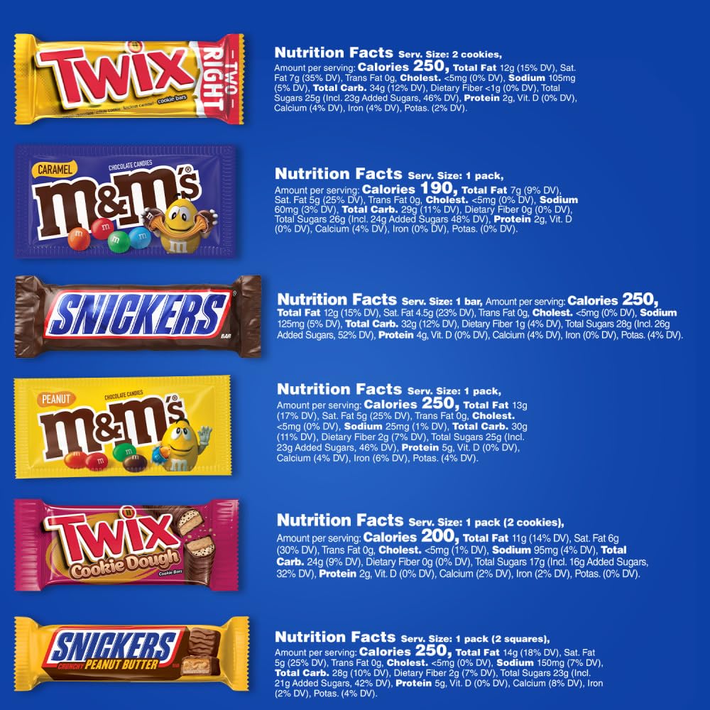MARS M&M'S Peanut, M&M'S Caramel,SNICKERS Original,SNICKERS Peanut Butter Squared, TWIX Original and Cookie Dough Variety Pack Full Size Individually Wrapped Milk Chocolate Candy Bars,18 Ct