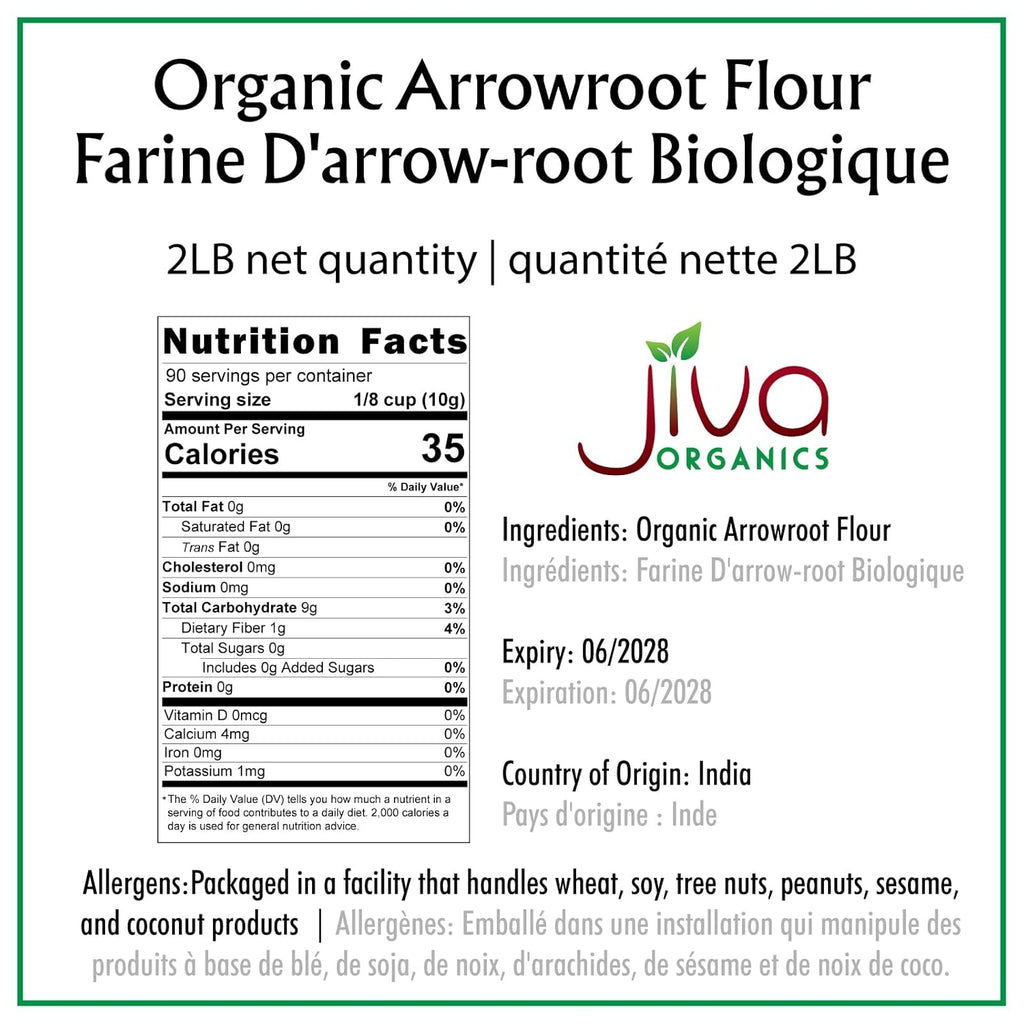 Jiva Organics Organic Arrowroot Flour (Powder) 2 Pound Bag - Raw, Non-GMO, Gluten Free